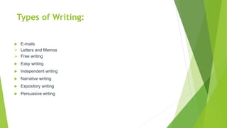 Types of Writing:
 E-mails
 Letters and Memos
 Free writing
 Easy writing
 Independent writing
 Narrative writing
 Expository writing
 Persuasive writing
 