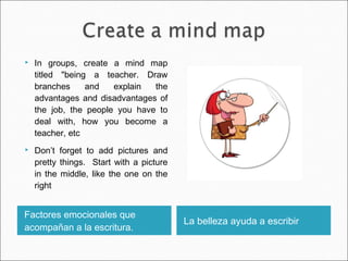 Factores emocionales que
acompañan a la escritura.
La belleza ayuda a escribir
 In groups, create a mind map
titled "being a teacher. Draw
branches and explain the
advantages and disadvantages of
the job, the people you have to
deal with, how you become a
teacher, etc
 Don’t forget to add pictures and
pretty things. Start with a picture
in the middle, like the one on the
right
 