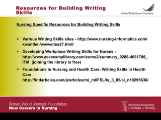 Resour ces for Building Writing
Skills

Nursing Specific Resources for Building Writing Skills


 Various Writing Skills sites - http://www.nursing-informatics.com/
  kwantlen/wwwsites27.html
 Developing Workplace Writing Skills for Nurses -
  http://www.accessmylibrary.com/coms2/summary_0286-4651706_
  ITM (joining the library is free)
 Foundations in Nursing and Health Care: Writing Skills in Health
  Care
  http://findarticles.com/p/articles/mi_m0FSL/is_3_85/ai_n19295636/
 