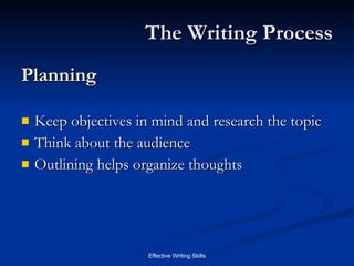 The Writing Process Planning Keep objectives in mind and research the topic Think about the audience Outlining helps organize thoughts 