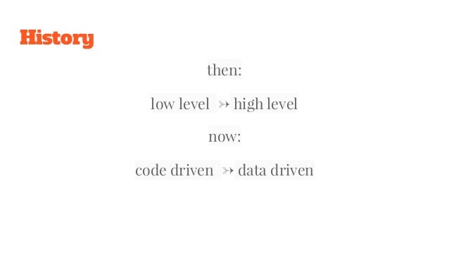History
then:
low level → high level
now:
code driven → data driven
 