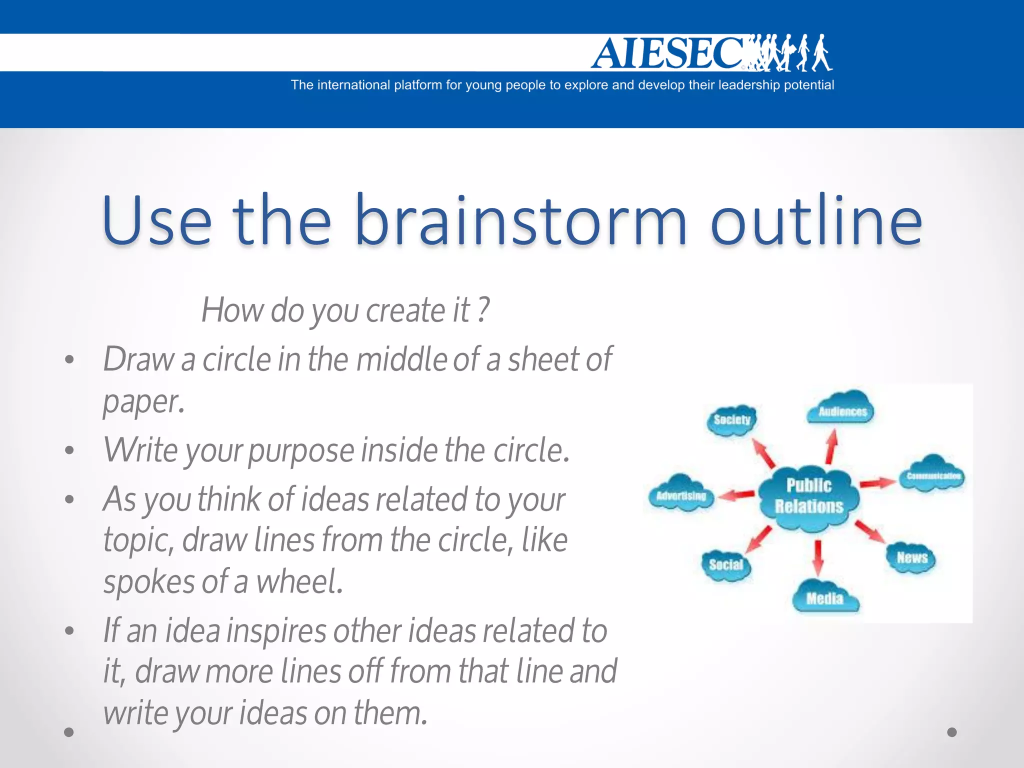 Use the brainstorm outline
•
•
•

•

 