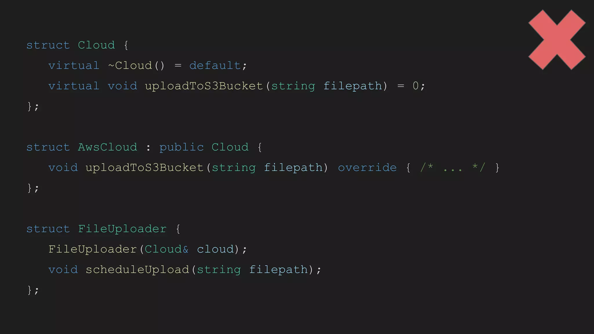 struct Cloud {
virtual ~Cloud() = default;
virtual void uploadToS3Bucket(string filepath) = 0;
};
struct AwsCloud : public Cloud {
void uploadToS3Bucket(string filepath) override { /* ... */ }
};
struct FileUploader {
FileUploader(Cloud& cloud);
void scheduleUpload(string filepath);
};
 