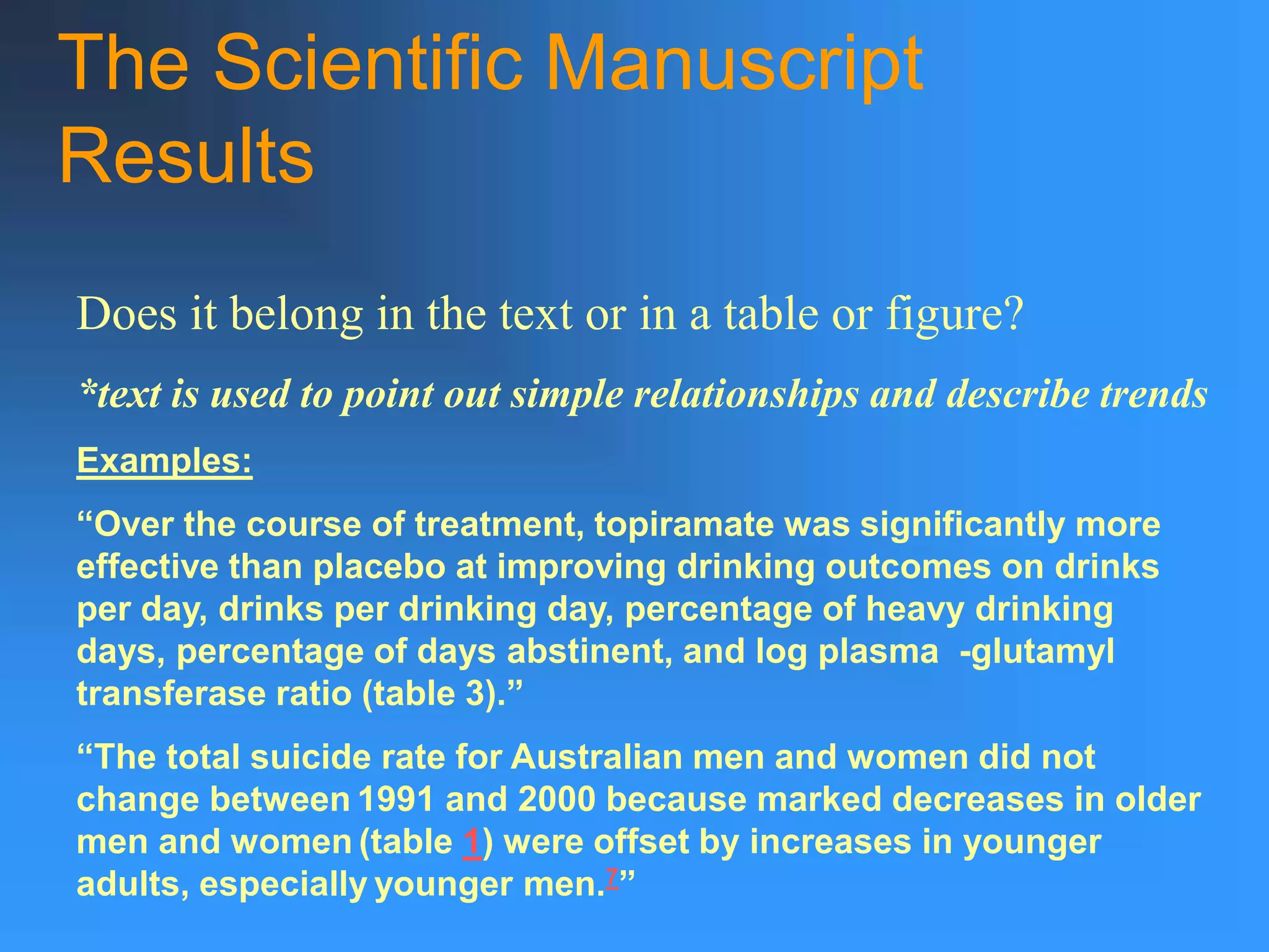The Scientific Manuscript
Results
Does it belong in the text or in a table or figure?
*text is used to point out simple relationships and describe trends
Examples:
“Over the course of treatment, topiramate was significantly more
effective than placebo at improving drinking outcomes on drinks
per day, drinks per drinking day, percentage of heavy drinking
days, percentage of days abstinent, and log plasma -glutamyl
transferase ratio (table 3).”
“The total suicide rate for Australian men and women did not
change between 1991 and 2000 because marked decreases in older
men and women (table 1) were offset by increases in younger
adults, especially younger men.7”
 
