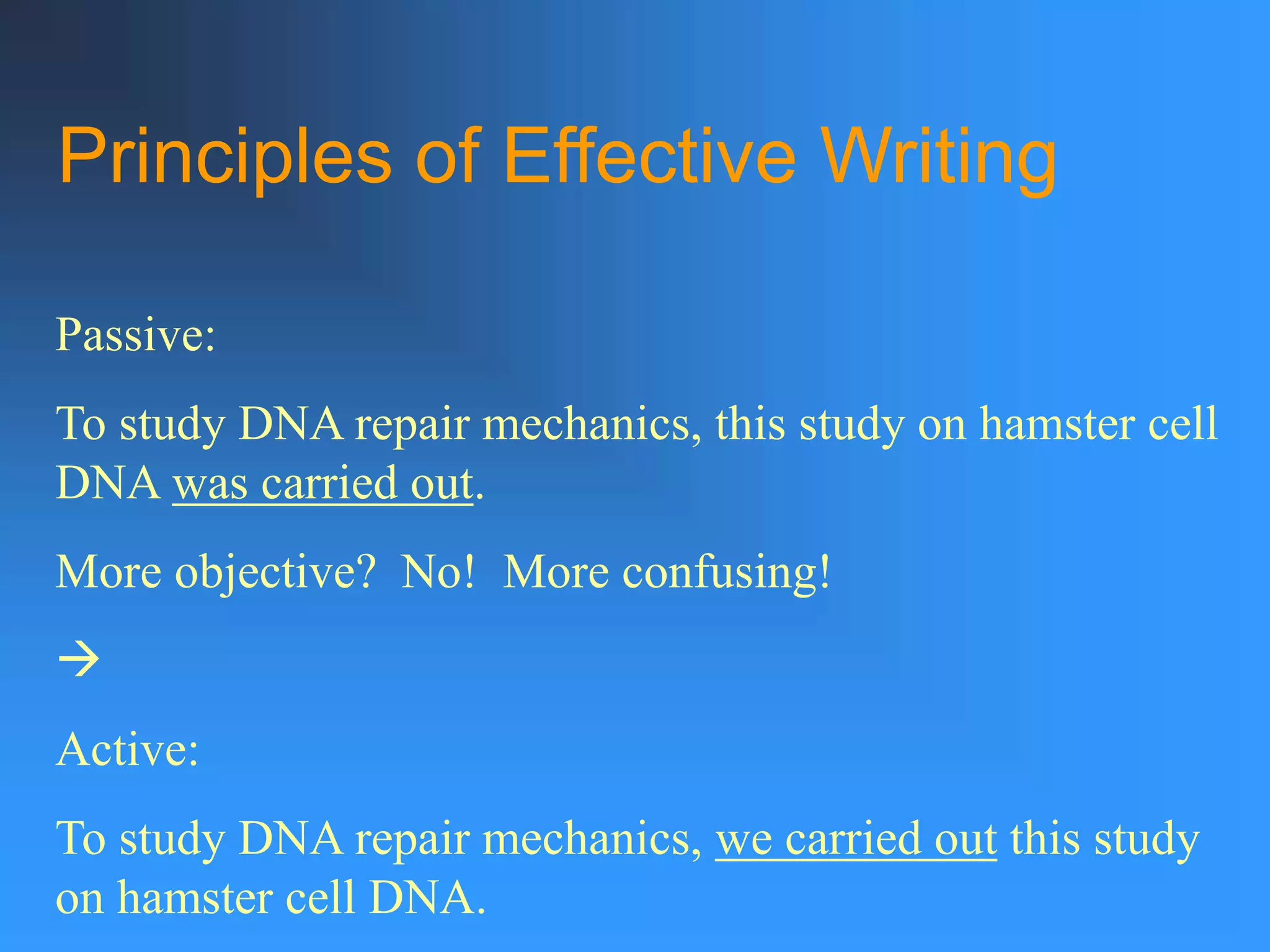 Principles of Effective Writing
Passive:
To study DNA repair mechanics, this study on hamster cell
DNA was carried out.
More objective? No! More confusing!

Active:
To study DNA repair mechanics, we carried out this study
on hamster cell DNA.
 