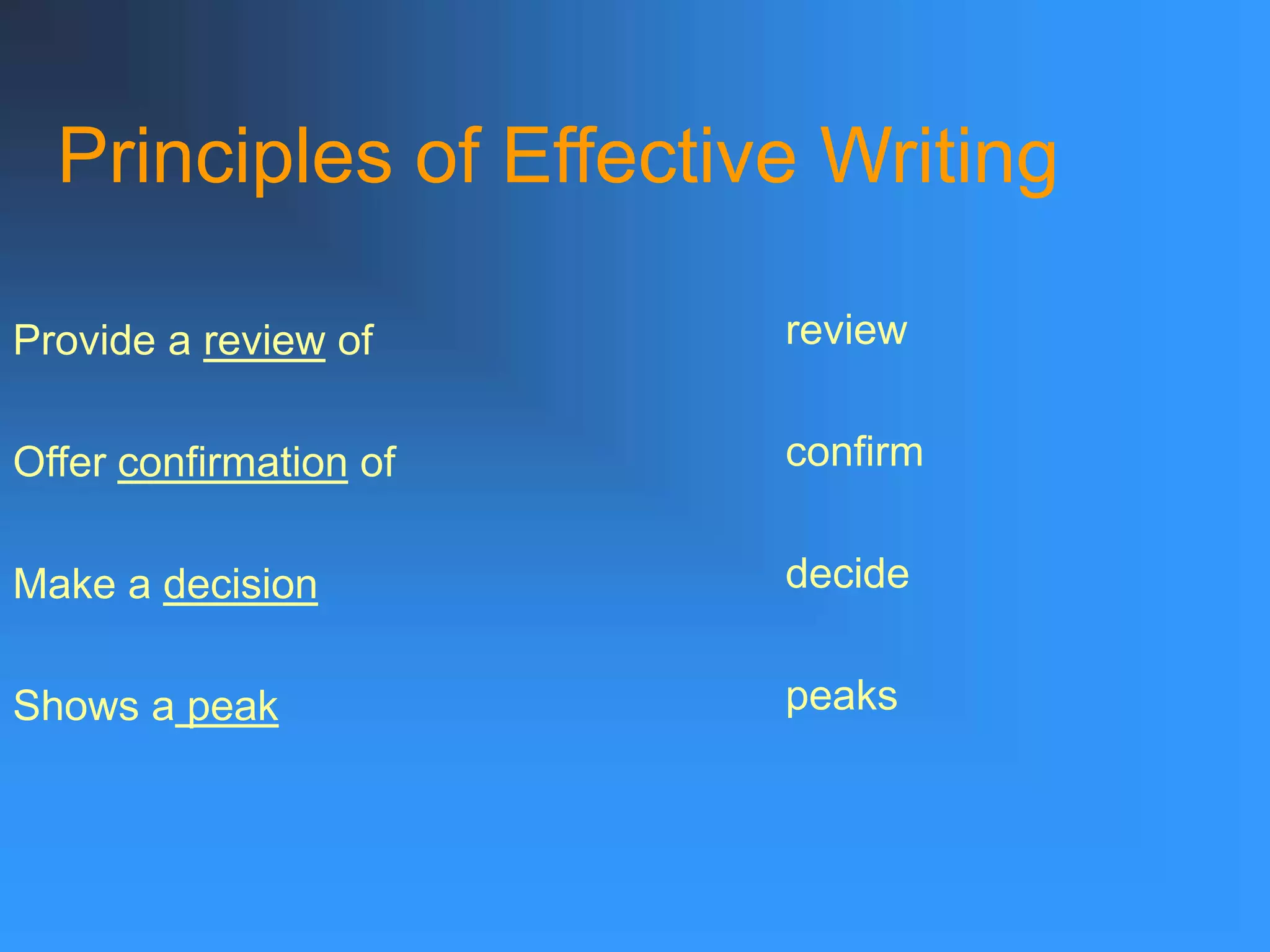 Principles of Effective Writing
Provide a review of
Offer confirmation of
Make a decision
Shows a peak
review
confirm
decide
peaks
 