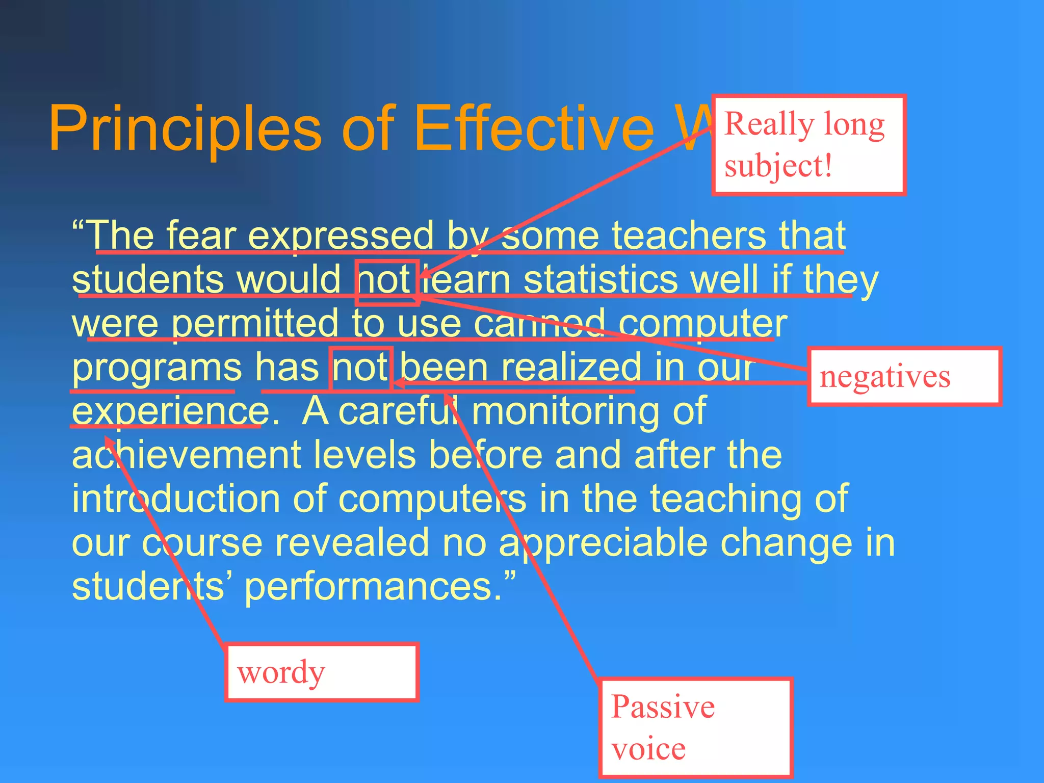 Principles of Effective Writing
“The fear expressed by some teachers that
students would not learn statistics well if they
were permitted to use canned computer
programs has not been realized in our
experience. A careful monitoring of
achievement levels before and after the
introduction of computers in the teaching of
our course revealed no appreciable change in
students’ performances.”
Really long
subject!
negatives
Passive
voice
wordy
 