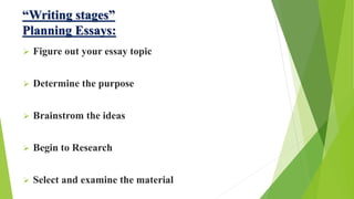 “Writing stages”
Planning Essays:
 Figure out your essay topic
 Determine the purpose
 Brainstrom the ideas
 Begin to Research
 Select and examine the material
 