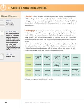 13 THE WRITING STRATEGIES BOOK Study Guide
Decoding, using
Structure as a Source
of Information
SKILL
Choose this when . . .
meeting room
LEVELS
BOOK TO BOOK
SETTING
For more information
on how to assess and
evaluate what your
students are already
doing, which will help
guide your planning,
see either of the
Literacy Teacher’s
Playbooks, Chapters 1
and 2.
beginner or
intermediate
Procedure  Decide on a set of goals for the unit and the genre of writing your students
will be working on (if the unit is genre based). Create a calendar with the step of the
writing process your students will be engaged in on that date. Search through The Writing
Strategies Book to find lessons that fit with the genre, step of the process, and grade level
of your students.
Coaching Tips  It’s tempting to want to teach everything to your students right away.
I understand the urgency! However, having a smaller set of goals gives your unit focus,
which will help your students learn more deeply. This will help the learning to better
“stick” and carry over to future units, and when the student is working on a writing piece
independently outside of a unit. So as you plan out your unit, try to have only a few main
focuses.
If creating a unit of study is new for you, I’d recommend making the unit genre-based
(i.e., fiction, all-about books, poetry). This will allow you to find a mentor text to have
a vision of what you’re working toward and can help you to better sort through the 300
strategies in the book to find ones that work best for your purpose.
8. Create a Unit from Scratch
Week 1
Generating
and
collecting
Generating
and
collecting
Generating
and
collecting
Generating
and
collecting
Choosing
Week 2 Developing Developing
Rehearsing
and
drafting
Drafting Revising
Week 3 Revising Choosing Developing Developing
Rehearsing
and drafting
Week 4 Revising Editing Editing Publishing Celebrating!
At first, plan out the process across the days of a calendar.
 
