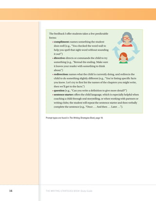16 THE WRITING STRATEGIES BOOK Study Guide
The feedback I offer students takes a few predictable
forms:
• compliment: names something the student
does well (e.g., “You checked the word wall to
help you spell that sight word without sounding
it out!”)
• directive: directs or commands the child to try
something (e.g., “Reread the ending. Make sure
it leaves your reader with something to think
about.”)
• redirection: names what the child is currently doing, and redirects the
child to do something slightly different (e.g., “You’re listing specific facts
you know. Let’s try to first list the names of the chapters you might write,
then we’ll get to the facts.”)
• question (e.g., “Can you write a definition to give more detail?”)
• sentence starter: offers the child language, which is especially helpful when
coaching a child through oral storytelling, or when working with partners or
writing clubs; the student will repeat the sentence starter and then verbally
complete the sentence (e.g., “Once . . . And then . . . Later . . .”).
Prompt types are found in The Writing Strategies Book, page 19.
 