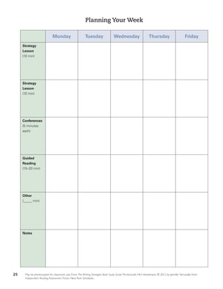 25 May be photocopied for classroom use. From The Writing Strategies Book Study Guide. Portsmouth, NH: Heinemann. © 2012 by Jennifer Serravallo from
Independent Reading Assessment: Fiction. NewYork: Scholastic.
Planning Your Week
Monday Tuesday Wednesday Thursday Friday
Strategy
Lesson
(10 min)
Strategy
Lesson
(10 min)
Conferences
(5 minutes
each)
Guided
Reading
(15–20 min)
Other
(_____ min)
Notes
 