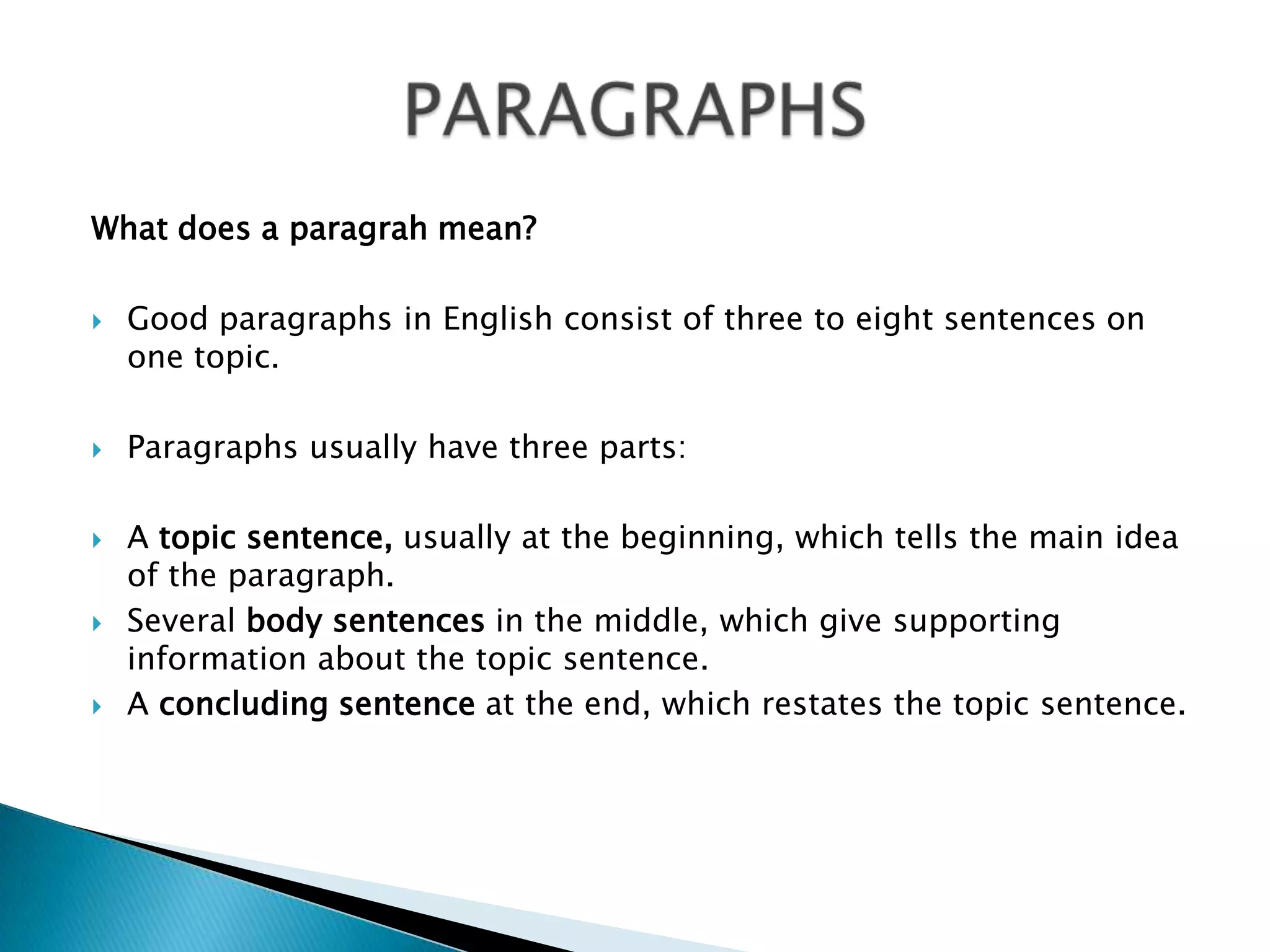 Whatdoes a paragrah mean?Goodparagraphs in Englishconsist of threetoeightsentencesononetopic.Paragraphsusuallyhavethreeparts:A topicsentence,usually at thebeginning, whichtellsthemain idea of theparagraph.Severalbodysentencesin themiddle, whichgivesupportinginformationaboutthetopicsentence.A concludingsentenceat theend, whichrestatesthetopicsentence.PARAGRAPHS