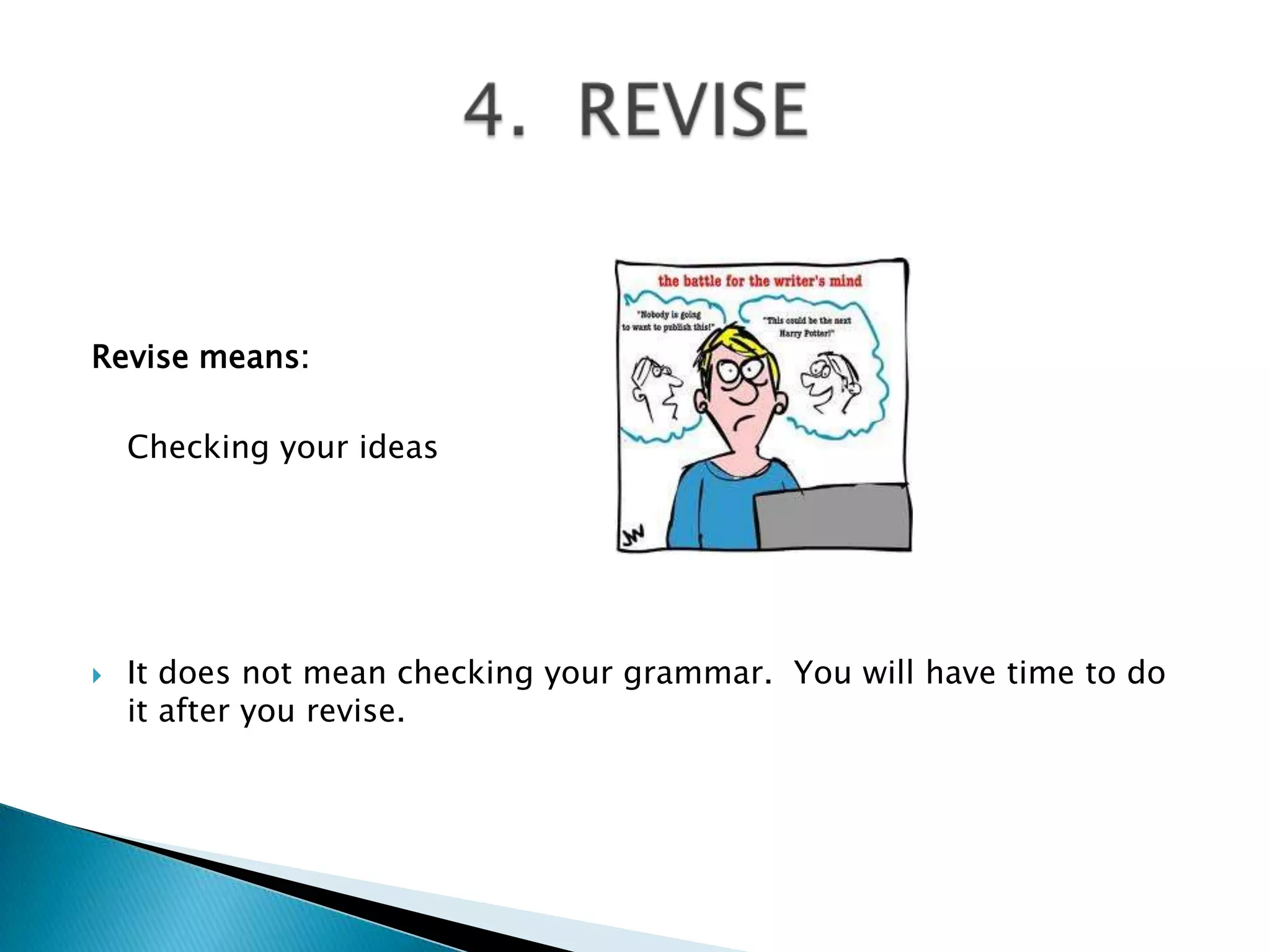 Revise means:Checkingyour ideasItdoesnot mean checkingyourgrammar.  Youwillhave time to do itafteryou revise.4.  REVISE