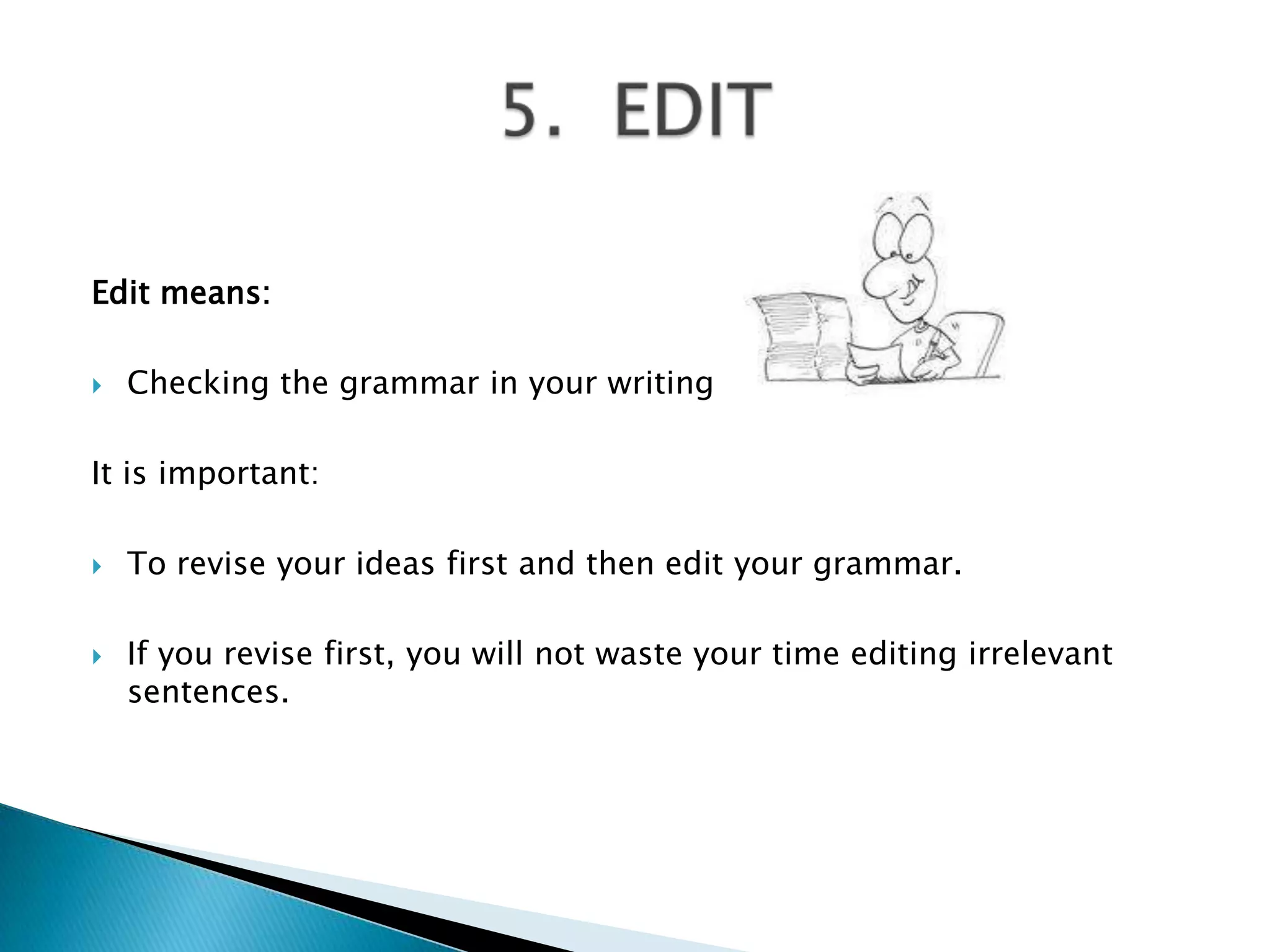 Editmeans:Checkingthegrammar in yourwriting.Itisimportant:To revise your ideas first and thenedityourgrammar.Ifyou revise first, youwillnotwasteyour time editingirrelevantsentences.5.  EDIT