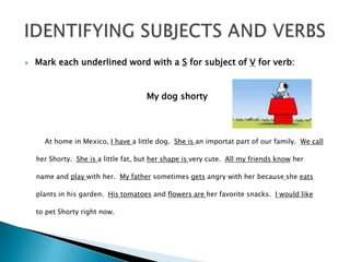 Mark eachunderlinedwordwith a Sforsubject of Vforverb:My dogshorty	At home in Mexico, I havea littledog.  Sheisanimportatpart of ourfamily.  WecallherShorty.  Sheisa littlefat, buthershapeisvery cute.  All my friendsknowhername and playwithher.  My fathersometimesgetsangrywithherbecausesheeatsplants in hisgarden.  Histomatoes and flowers are herfavoritesnacks.  I wouldliketopetShortyrightnow.IDENTIFYING SUBJECTS AND VERBS
