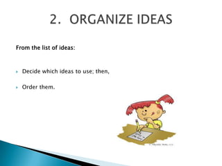 Fromthelist of ideas:Decide which ideas to use; then,Orderthem.2.  ORGANIZE IDEAS