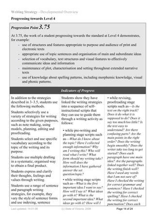 Writing Strategy - Developmental Overview
Progressing towards Level 4

Progression Point        3.75
At 3.75, the work of a student progressing towards the standard at Level 4 demonstrates,
for example:
     • use of structures and features appropriate to purpose and audience of print and

       electronic texts
     • appropriate use of topic sentences and organisation of main and subordinate ideas

     • selection of vocabulary, text structures and visual features to effectively

       communicate ideas and information
     • maintenance of plot, characterisation and setting throughout extended narrative

       texts
     • use of knowledge about spelling patterns, including morphemic knowledge, visual

       and phonic patterns.

                                   Indicators of Progress
In addition to the strategies     Students show they have           • while revising,
described in 3–3.5, students use  linked the writing strategies     proofreading stage
the following methods.            into a sequence of self-          scripts such as—Is the
                                  instructional scripts that        text on the right track?
Students selectively use a
                                                                    Does it do what it is
variety of strategies for writing they can use to guide them
                                                                    supposed to do? Does it
according to the given purposes, through a writing activity as      say too much/too little? Is
such as note making, using        follows:
                                                                    the text easy to
models, planning, editing and       • while pre-writing and         understand? Are there
proofreading.                       planning stage scripts such     confusing parts? Are the
Students select and use specific    as—What do I know about         main points in the right
vocabulary according to the         the topic? Have I collected     order? Does the writing
                                    enough information? Why         begin smoothly? Does the
topic of the writing and its
                                    am I writing this? Who will     writer take too long to get
purpose.                                                            started? Does each
                                    read what I write? What
Students use multiple drafting      form should my writing take?    paragraph have one main
in a systematic, organised way      How well does the               idea? Are the paragraphs
to obtain a final product.          information I have gathered     linked together well? Does
                                    answer the set                  the writing finish well?
Students express and clarify                                        Have I used any words
their thoughts, feelings and        question/topic?
                                                                    that I am not sure of?
values through writing.             • while writing stage scripts   Have I checked the writing
                                    such as—What is the first       for correct grammar and
Students use a range of sentence    important idea I want to say?
and paragraph writing                                               sentences? Have I checked
                                    How will I say it? What ideas   the writing for correct
strategies, for example, they       go with it? What is the         spelling? Have I checked
vary the style of sentence forms    second important idea? What     the writing for correct
and use indexing, sentence          ideas go with it? How will I    punctuation? Does each
Last updated: 14.01.08             (c) State of Victoria, 2008            Page 14 of 24
 