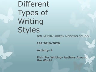 Different
Types of
Writing
Styles
BML MUNJAL GREEN MEDOWS SCHOOL
ISA 2019-2020
Activity- 4
Flair For Writing- Authors Around
the World
 