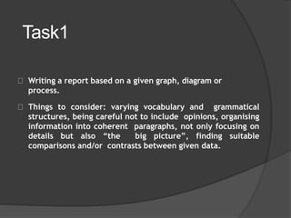 Task1
Writing a report based on a given graph, diagram or
process.
Things to consider: varying vocabulary and grammatical
structures, being careful not to include opinions, organising
information into coherent paragraphs, not only focusing on
details but also “the big picture”, finding suitable
comparisons and/or contrasts between given data.
 
