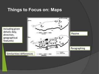 Things to Focus on: Maps
Similarities/differences
Paragraphing
Passive voice
Including given
details (key,
direction,
geographical
features)
 