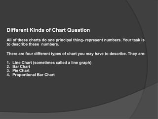 Different Kinds of Chart Question
All of these charts do one principal thing- represent numbers. Your task is
to describe these numbers.
There are four different types of chart you may have to describe. They are:
1. Line Chart (sometimes called a line graph)
2. Bar Chart
3. Pie Chart
4. Proportional Bar Chart
 