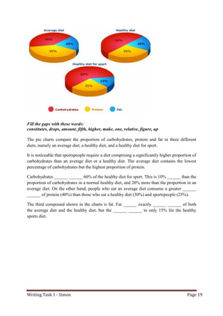 Writing Task 1 - Simon Page 19
Fill the gaps with these words:
constitutes, drops, amount, fifth, higher, make, one, relative, figure, up
The pie charts compare the proportion of carbohydrates, protein and fat in three different
diets, namely an average diet, a healthy diet, and a healthy diet for sport.
It is noticeable that sportspeople require a diet comprising a significantly higher proportion of
carbohydrates than an average diet or a healthy diet. The average diet contains the lowest
percentage of carbohydrates but the highest proportion of protein.
Carbohydrates ______ ______ 60% of the healthy diet for sport. This is 10% ______ than the
proportion of carbohydrates in a normal healthy diet, and 20% more than the proportion in an
average diet. On the other hand, people who eat an average diet consume a greater ______
______ of protein (40%) than those who eat a healthy diet (30%) and sportspeople (25%).
The third compound shown in the charts is fat. Fat ______ exactly ______ ______ of both
the average diet and the healthy diet, but the ______ ______ to only 15% for the healthy
sports diet.
 