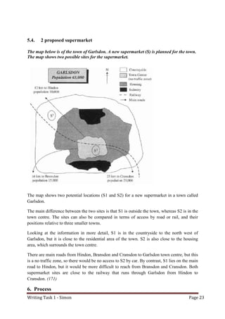 Writing Task 1 - Simon Page 23
5.4. 2 proposed supermarket
The map below is of the town of Garlsdon. A new supermarket (S) is planned for the town.
The map shows two possible sites for the supermarket.
The map shows two potential locations (S1 and S2) for a new supermarket in a town called
Garlsdon.
The main difference between the two sites is that S1 is outside the town, whereas S2 is in the
town centre. The sites can also be compared in terms of access by road or rail, and their
positions relative to three smaller towns.
Looking at the information in more detail, S1 is in the countryside to the north west of
Garlsdon, but it is close to the residential area of the town. S2 is also close to the housing
area, which surrounds the town centre.
There are main roads from Hindon, Bransdon and Cransdon to Garlsdon town centre, but this
is a no traffic zone, so there would be no access to S2 by car. By contrast, S1 lies on the main
road to Hindon, but it would be more difficult to reach from Bransdon and Cransdon. Both
supermarket sites are close to the railway that runs through Garlsdon from Hindon to
Cransdon. (171)
6. Process
 