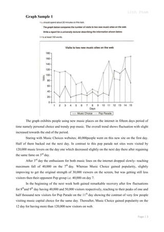 Linh Pham
Graph Sample 1

The graph exhibits people using new music places on the internet in fifteen days period of
time namely personal choice and trendy pop music. The overall trend shows fluctuation with slight
increased towards the end of the period.
Staring with Music Choices websites; 40,000people went on this new site on the first day.
Half of them backed out the next day. In contrast to this pop parade net sites were visited by
120,000 music lovers on the day one which decreased slightly on the next day there after regaining
the same fame on 3rd day.
After 3rd day the enthusiasm for both music lines on the internet dropped slowly- reaching
maximum fall of 40,000 on the 7th day. Whereas Music Choice gained popularity, slightly
improving to get the original strength of 30,000 viewers on the screen, but was getting still less
visitors then their opponent Pop group i.e. 40,000 on day 7.
In the beginning of the next week both gained remarkable recovery after few fluctuations
for 8thand 9th day having 40,000 and 50,000 visitors respectively, reaching to their peaks of one and
half thousand new visitors for Pop Parade on the 11th day showing the contrast of very few people
visiting music capital choice for the same day. Thereafter, Music Choice gained popularity on the
12 day for having more than 120,000 new visitors on web.
Page | 3

 