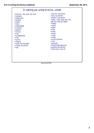 9­5­13 writing territories.notebook
2
September 06, 2013
Aug 24­9:42 PM
In collecting your writing territories, consider....
• memories: early, earlier, and recent
• obsessions
• idiosyncrasies
• problems
• dreams
• itches
• understandings
• confusions
• passions
• sorrows
• risks
• accomplishments
• fears
• worries
• fantasies
• family, close and distant
• friends, now and then
• fads
• favorites, now and then
• pets, now and then
• teachers, now and then
• places: school, camp, trips, times
away with friends and relatives
• hobbies
• sports
• games
• music
• books
• poems
• songs
• movies
• writers and artists
• food
• pet peeves
• beloved things-objects and
possessions-now and then
• all the loves of your life
 