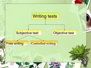 Writing tests Subjective test Objective test Free writing Controlled writing 