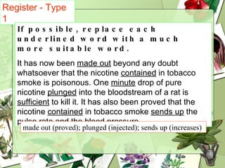 Register - Type 1   If possible, replace each underlined word with a much more suitable word. It has now been  made out  beyond any doubt whatsoever that the nicotine  contained  in tobacco smoke is poisonous. One  minute  drop of pure nicotine  plunged  into the bloodstream of a rat is  sufficient  to kill it. It has also been proved that the nicotine  contained  in tobacco smoke  sends up  the pulse rate and the blood pressure. made out (proved); plunged (injected); sends up (increases) 