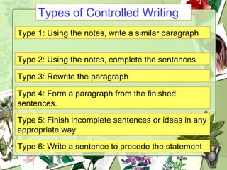 Types of Controlled Writing Type 1: Using the notes, write a similar paragraph Type 2: Using the notes, complete the sentences Type 3: Rewrite the paragraph Type 4: Form a paragraph from the finished sentences. Type 5: Finish incomplete sentences or ideas in any appropriate way Type 6: Write a sentence to precede the statement 