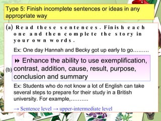 Type 5: Finish incomplete sentences or ideas in any appropriate way Read these sentences. Finish each one and then complete the story in your own words.  Ex: One day Hannah and Becky got up early to go………  ->  Phrase level  ->  elementary and intermediate level (b)  Read these sentences. Then write appropriate sentences.   Ex: Students who do not know a lot of English can take several steps to prepare for their study in a British university. For example,………. ->  Sentence level -> upper-intermediate level    Enhance the ability to use exemplification, contrast, addition, cause, result, purpose, conclusion and summary 
