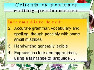 Intermediate level: Accurate grammar, vocabulary and spelling, though possibly with some small mistakes Handwriting generally legible Expression clear and appropriate, using a fair range of language … Criteria to evaluate writing performance 