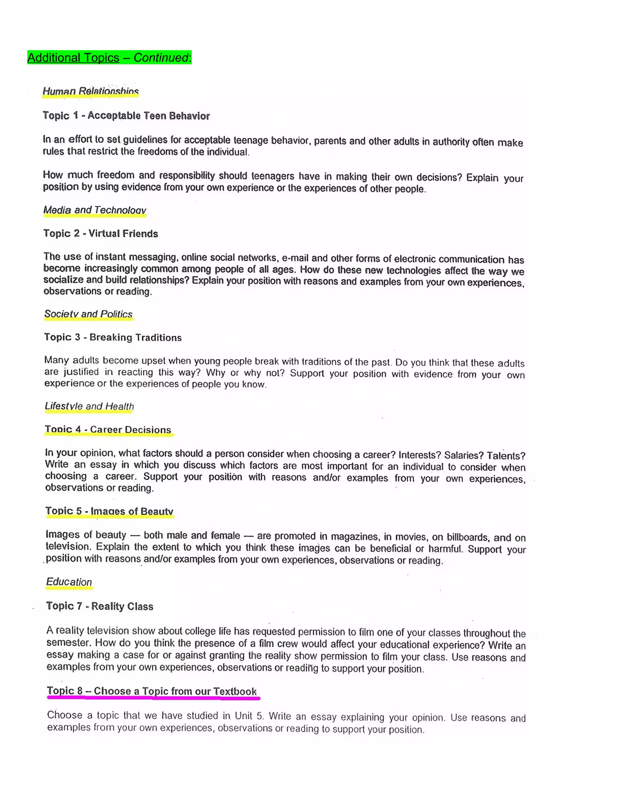 Additional Topics – Continued:
 