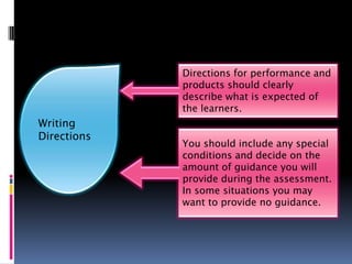 Directions for performance and
             products should clearly
             describe what is expected of
             the learners.
Writing
Directions
             You should include any special
             conditions and decide on the
             amount of guidance you will
             provide during the assessment.
             In some situations you may
             want to provide no guidance.
 