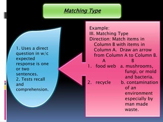Matching Type


                            Example:
                            III. Matching Type
                            Direction: Match items in
                               Column B with items in
1. Uses a direct               Column A. Draw an arrow
question in w/c                from Column A to Column B.
expected
                                   A            B
response is one
                           1. food web a. mushrooms,
or two
                                             fungi, or mold
sentences.
2. Tests recall
                                             and bacteria.
and                        2. recycle      b. contamination
comprehension.                               of an
                                             environment
                                             especially by
                                             man made
                                             waste.
 