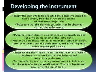 Developing the Instrument
Identify the elements to be evaluated these elements should be
          taken directly from the behaviors and criteria
                   included in your objectives.
   Make sure that the elements you select can be observed
                    during the performance.


 Paraphrase each element elements should be paraphrased to
          cut down on the length of the instrument.
Also, make sure that a "Yes" response on the instrument always
 corresponds with a positive performance, and a "No" response
                 with a negative performance.

 Sequence the elements on the instrument the order in which
        the elements are listed should match the natural
                   order of the performance.
 For example, if you are creating an instrument to help assess
 the changing of a tire you would not put "Tightens lug nuts on
                 new tire" at the top of the list.
 