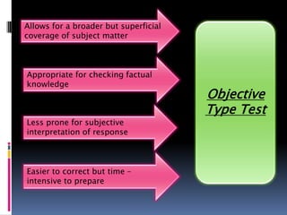 Allows for a broader but superficial
coverage of subject matter



Appropriate for checking factual
knowledge
                                       Objective
                                       Type Test
Less prone for subjective
interpretation of response



Easier to correct but time –
intensive to prepare
 