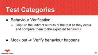 Test Categories
● Behaviour Verification
○ Capture the indirect outputs of the test as they occur
and compare them to the expected behaviour
● Mock out -> Verify behaviour happens
32
 