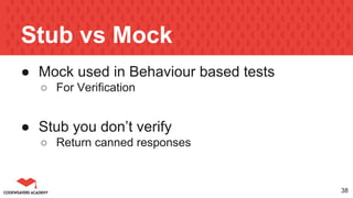 Stub vs Mock
● Mock used in Behaviour based tests
○ For Verification
● Stub you don’t verify
○ Return canned responses
38
 