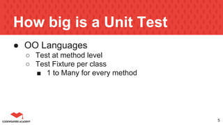 How big is a Unit Test
● OO Languages
○ Test at method level
○ Test Fixture per class
■ 1 to Many for every method
5
 