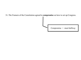 31. The Framers of the Constitution agreed to compromise on how to set up Congress.
Compromise = meet halfway
 