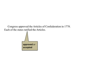 8. Congress approved the Articles of Confederation in 1778.
Each of the states ratified the Articles.
approved or
accepted
 