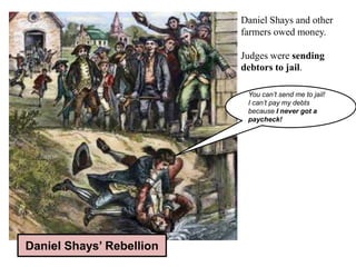 Daniel Shays’ Rebellion
Daniel Shays and other
farmers owed money.
Judges were sending
debtors to jail.
You can’t send me to jail!
I can’t pay my debts
because I never got a
paycheck!
 