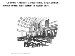18. Under the Articles of Confederation, the government
had no central court system to explain laws.
http://etc.usf.edu/clipart/7800/7816/supr_court_7816.htm
 