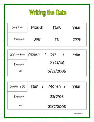 Month             Day,       Year
 Long Form




                  July              21,       2006
   Example:




                Month        /   Day      /   Year
US Short Form



                                 7 /21/06
   Example:

                                 7/21/2006
        or




                 Day     /       Month /      Year
Outside of US



                                  21/7/06
   Example:


        or
                                 21/7/2006
                                              2006 Talibiddeen Jr.