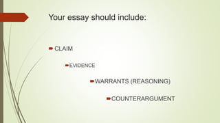 Your essay should include:
CLAIM
EVIDENCE
WARRANTS (REASONING)
COUNTERARGUMENT
 