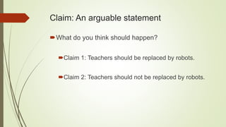 Claim: An arguable statement
What do you think should happen?
Claim 1: Teachers should be replaced by robots.
Claim 2: Teachers should not be replaced by robots.
 