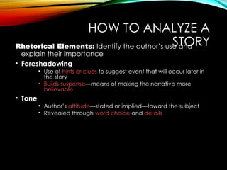 HOW TO ANALYZE A
STORY
Rhetorical Elements: Identify the author’s use and
explain their importance
• Foreshadowing
• Use of hints or clues to suggest event that will occur later in
the story
• Builds suspense—means of making the narrative more
believable
• Tone
• Author’s attitude—stated or implied—toward the subject
• Revealed through word choice and details
 